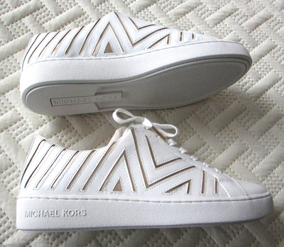 MICHAEL KORS White Leather Gold Chevron Lace Up Designer Sneakers 9.5M NEW