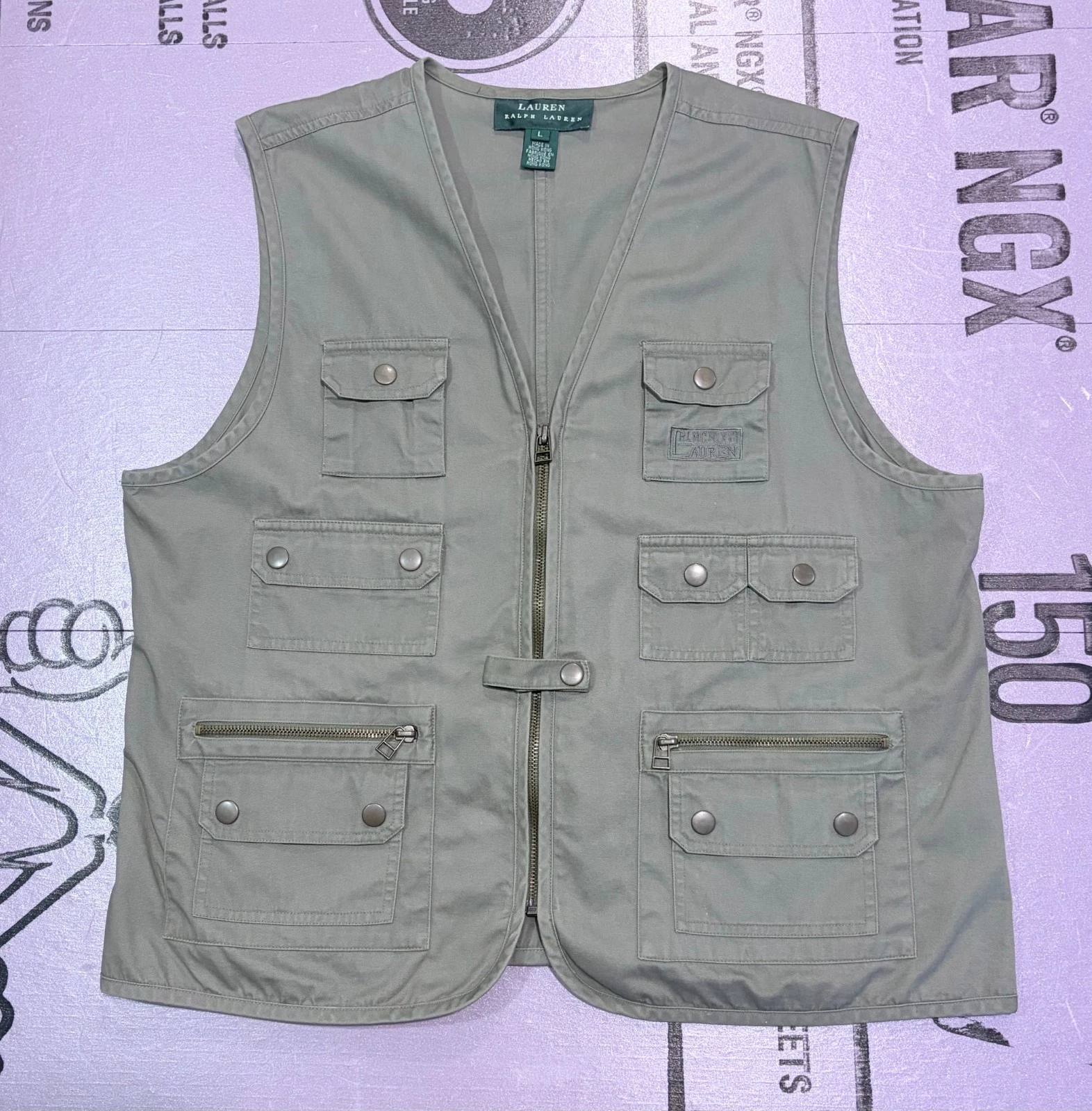Lauren Ralph Lauren Utility Vest Fishing Womens L Green Multi Pocket