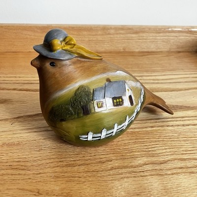 Handpainted Ceramic Bird Farmhouse Scene Folk Art Country Decor Granny 3D