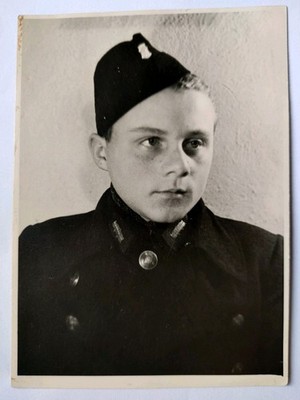 Vintage 1940's Young German Boy in Uniform and Cap, Scout, Portrait, Photo