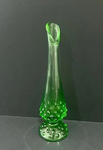 Vintage Fenton Bright Green Hobnail Footed Swung Bud Vase 1970s - 9” tall