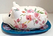 Floral Pig Shaped Covered Butter Dish Country Farmhouse Decor.~ NEW