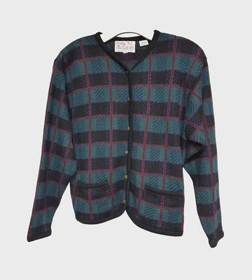 Vintage Tally-Ho Green Blue Red Plaid Knit Cardigan Gold Buttons Women's Size L - Image 1 of 4