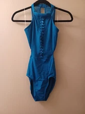 New Bloch Size MA Peacock Blue Leotard with Ribbon Detail