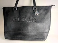 GUESS Black Logo Tote Zip Top Silver Tone Hardware Charm Lined Inner Pockets
