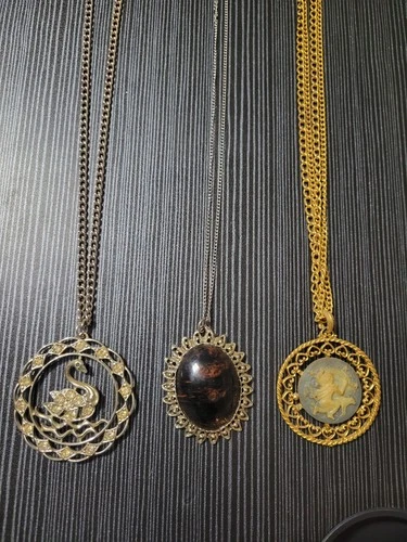Lot of 3 Vintage Costume Jewelry Necklaces -Sarah Cov Horse, Cameo & Brown Stone