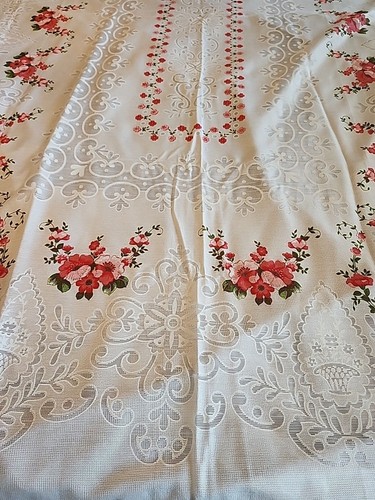 Vintage Pink Floral With scrolls White Lace Tablecloth, 63x96