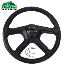 14 INCH 360mm PU Leather Flat Dish Racing Steering Wheel 4 Spokes w/ Horn Button