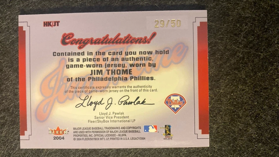 2004 Fleer Legacy Hit KingsGame Used Patch Jim Thome 29/50 Philadelphia Phillies - Image 2 of 2