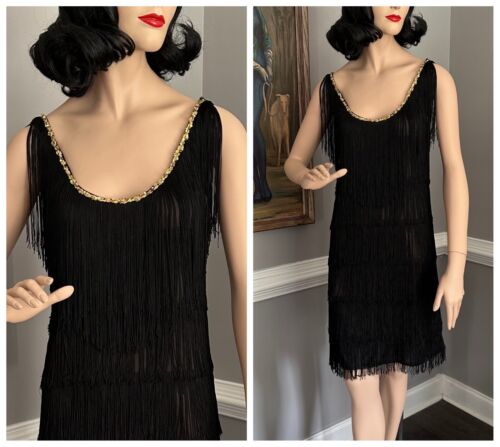 Flapper Dress Costume Black with Gold Sequin Long Fringe By Charades S/M - Picture 1 of 7