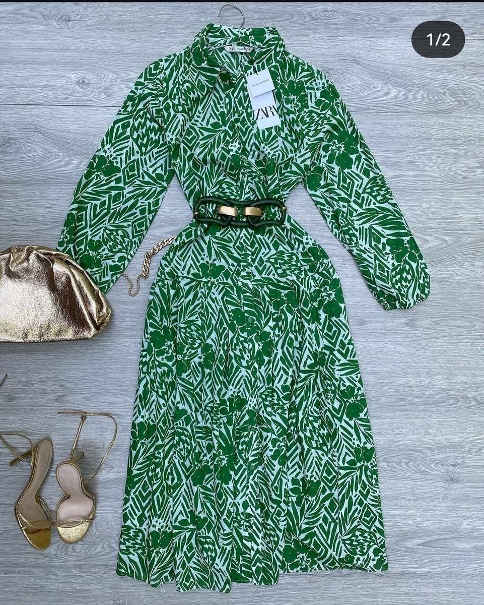 Zara Green White Floral Print Midi Maxi Long Sleeve Shirt Dress size S 10  12 | eBay UK