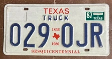Texas 1987 SESQUICENTENNIAL TRUCK License Plate # 029-OJR