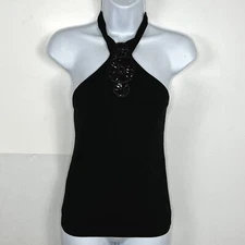 Boutique Womens Halter Top Sz XS / S Black Beaded Fitted Sexy Stretch 