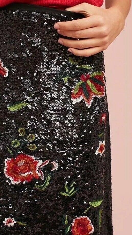 Anthropologie Maeve NUEVA Falda Garden Glitz Negra Floral Lentejuelas Talla 0 Foto 4 de 4