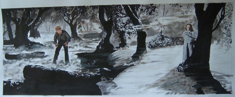 Original art - WEREWOLVES HUNT AT NIGHT - 2019 film noir, horror illustration