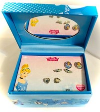 DISNEY CINDERELLA 3 SET STUDD EARRINGS JEWELRY BOX WITH MIRROR