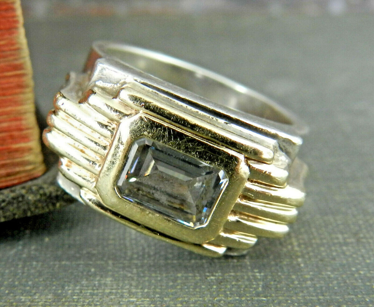 Art Deco Style Signed FM 925 Sterling Silver & 14K Yellow Art Deco Style Signed FM 925 Sterling Silver & 14K Yellow