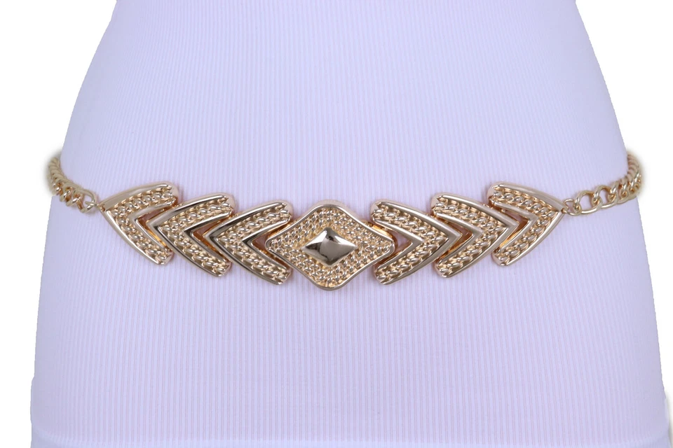 Mujeres Cinturón de Club Nocturno Cintura de Cadera Cadena de Metal Dorado Punta de Flecha Dije Ajuste Talla XS S M Foto 3 de 4