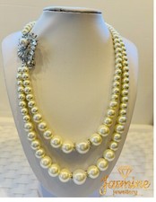 Beautiful Bridal Necklace 2Strand Ivry Faux Glass Pearls & Rhinestone Brooch Pin