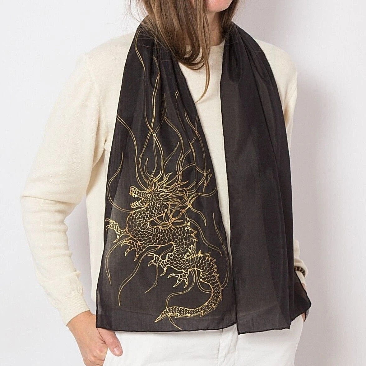 Hand Painted Silk Cotton Scarf Dragon Print Black Cotton Scarf Dragon Scarf