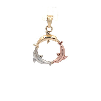 14k Tri-Color Gold Delphin Cricle Charm Halskette Anhänger ~ 1,5g
