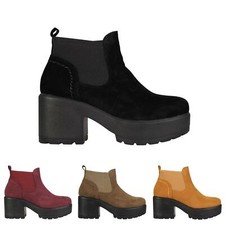 Womens Girls Platform Boots Ladies Pull On Chunky Mid Heel Ankle Chelsea Shoes