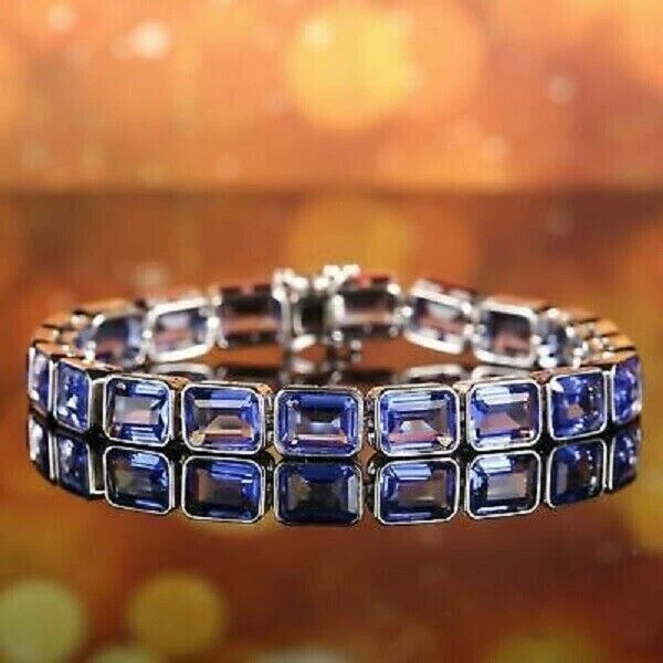 Nuevo brazalete de tenis para mujer de zafiro azul creado en laboratorio de 30 quilates enchapado en oro blanco de 14 k Foto 3 de 4