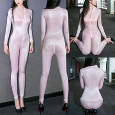Women's Shiny Satin Glossy Lingerie Catsuit 2 Way Zipper Bodysuit Sheer Jumpsuit