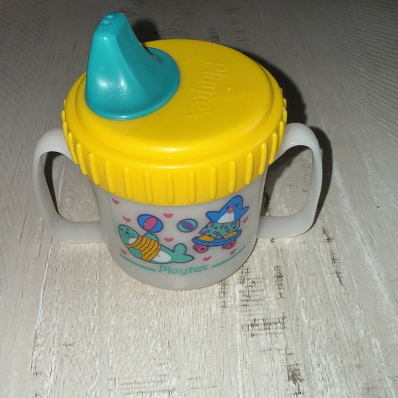 Vintage Playtex Sippy Cup Seal Penguin Skater Yellow Lid 2 Handle 90s