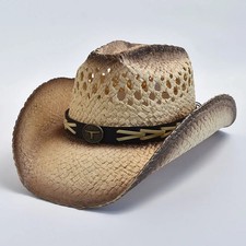 Natural Straw Western Sun Hat Curled Brim Unisex Summer Beach Cowboy Style Wear