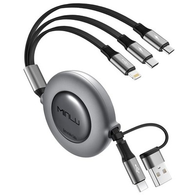Multi USB Cable, 3-in-2 Retractable Charging Cable, Multi Charging Cable with