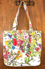 Creamy Canvas Botanical Floral Tote Bag with Zip and snap 14"x12"x 4.5"
