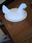 Vtg. Indiana White Milk Glass Chicken Hen on Nest Covered Bowl Candy Dish 7”