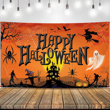 Happy Halloween Banner 72x44 Inch Orange Black Haunted House Party Backdrop