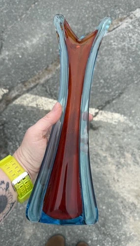 MCM VTG Murano Glass Swung Vase Sommerso Orange Blue Rare HTF Tall Fingers Mod