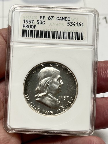 1957 Franklin Silver Half Dollar Proof ANACS PF67 CAMEO Soapbox Holder - Picture 1 of 2