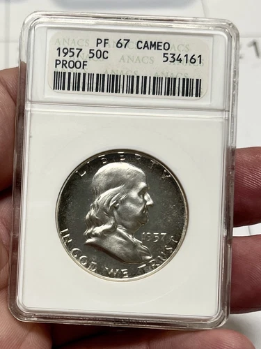 1957 Franklin Silver Half Dollar Proof ANACS PF67 CAMEO Soapbox Holder