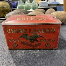 Antique Union Leader Cut Plug EMPTY Tobacco Tin For Smoking & Chew Box W/ Handle
