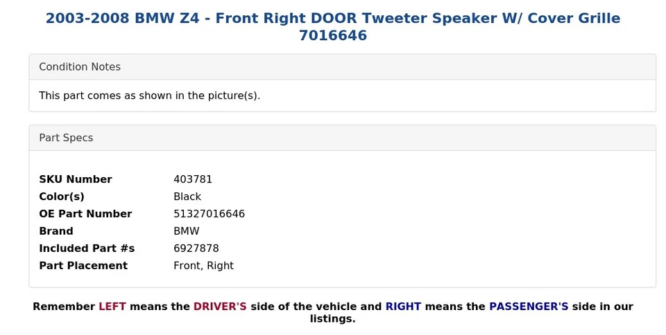BMW Z4 2003-2008 - Altavoz tweeter puerta delantera derecha con cubierta rejilla 7016646 Foto 4 de 4