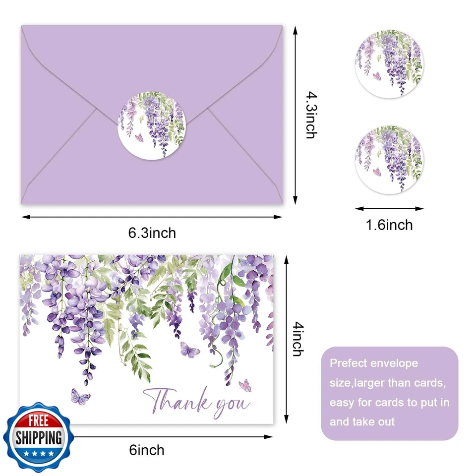 Tarjetas de agradecimiento Whaline 24 piezas lavanda con sobres y pegatinas púrpura Flo Foto 3 de 4