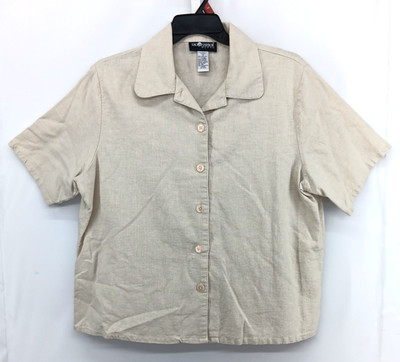 Sag Harbor Shirt Women Plus Size 1X Beige Short Sleeve Button Up Linen Blend Top