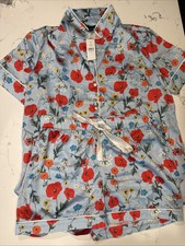 Ann Taylor Floral Satin Blue Pajama Set Shorts / Short Sleeve - Small - NWT