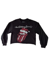 The Rolling Stones Christmas Tongue Crop Sweatshirt Womens Medium Black Raw Hem