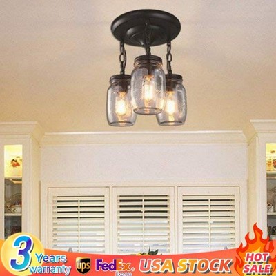 3 Heads Pendant Ceiling Light Mason Jar Kitchen Island Chandelier Lamp Fixture
