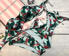 Victoria's Secret Swim Twist Front Strapless Bandeau Tie Bikini Set Palm
