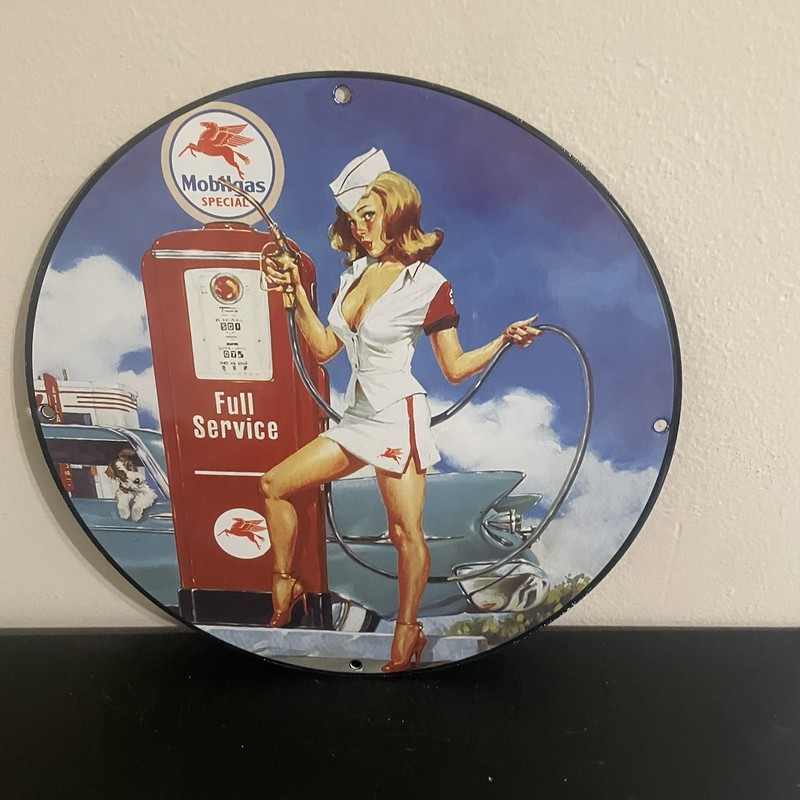 VINTAGE MOBIL GAS DOCTOR LADY GASOLINE OIL PORCELAIN SIGN
