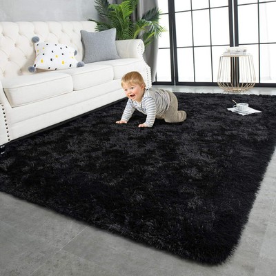 TWINNIS Super Soft Shaggy Rugs Fluffy Carpets, 4x5.9 Feet, Black 