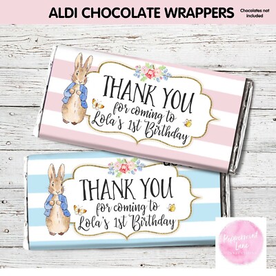 'YOU PRINT & SAVE' PETER RABBIT PERSONALISED CHOC WRAPPER ALDI PARTY FAVOUR 1st