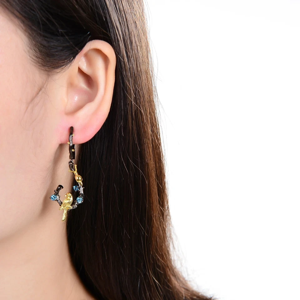 Pendientes colgantes de granate natural con topacio diopsido piedras preciosas gorrión pájaro rama Foto 3 de 4