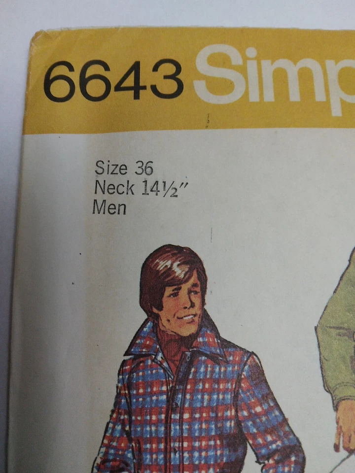 Shirt Jacket Button Mens 36 S Simplicity 6643 Sewing Pattern Wool Jean Flannel - Image 2 of 4